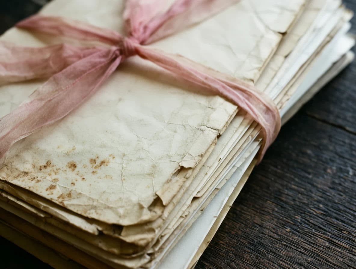 Still life of a bundle of old letters tied with a ribbon that has lost its colour, generated with Krea 2 Large
