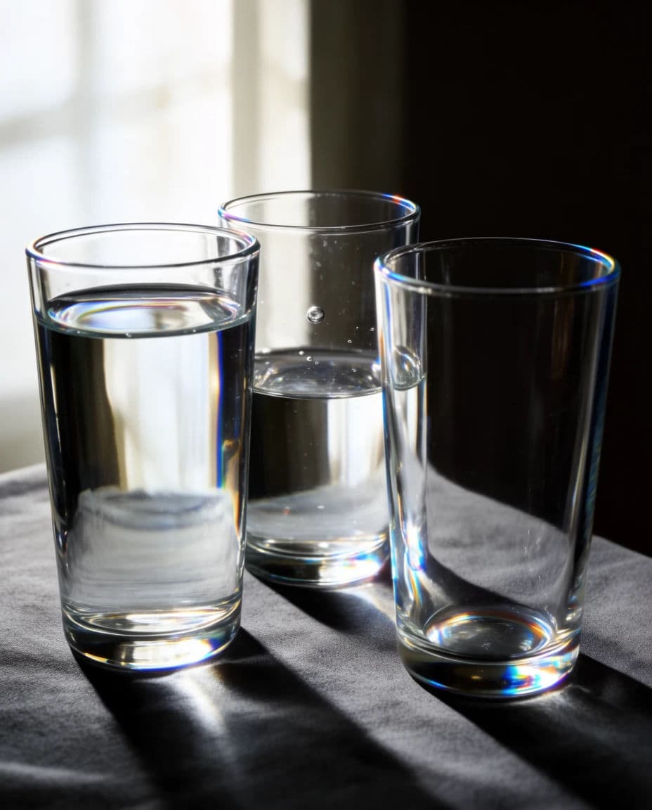 Still life of three glasses filled to different levels on a dark cloth, generated with Krea 2 Large