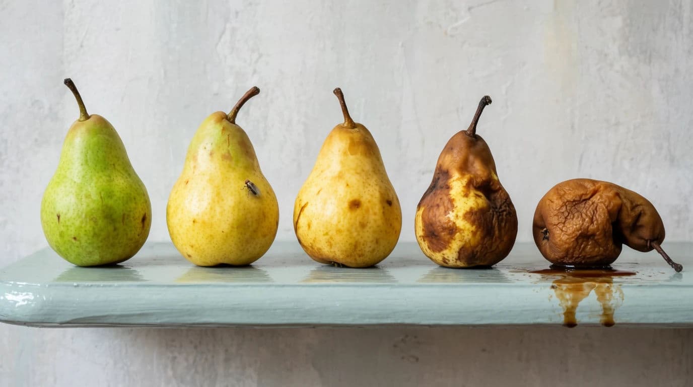 Wide still life of five pears at different stages of ripeness along a plain shelf, generated with Krea 2 Large