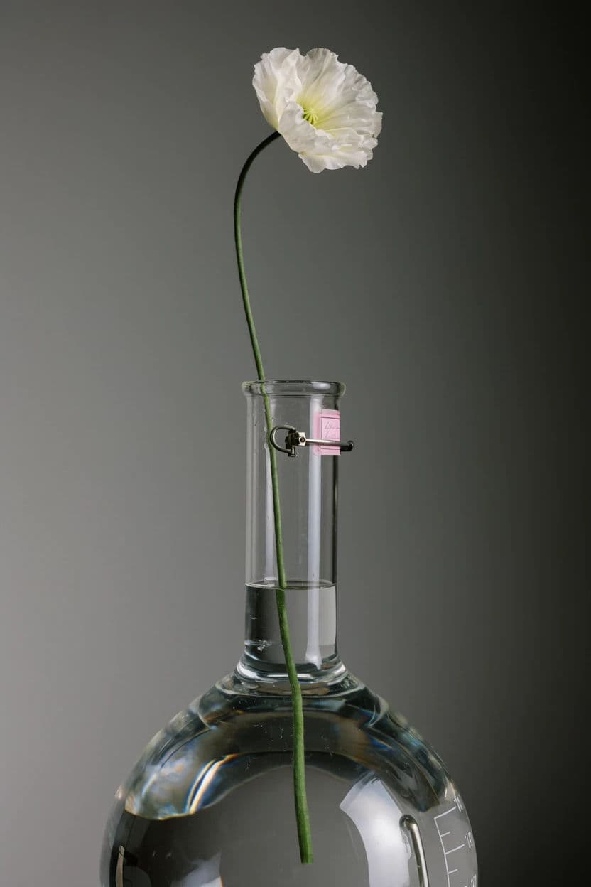 Vertical still life of one flowering stem standing in a glass laboratory flask, generated with Krea 2 Large