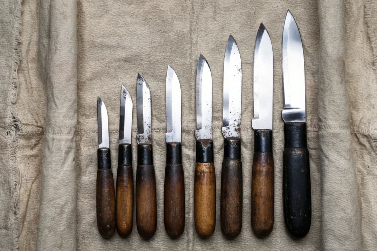 Still life of hand tools arranged in size order on a rolled canvas bench cloth, generated with Krea 2 Large