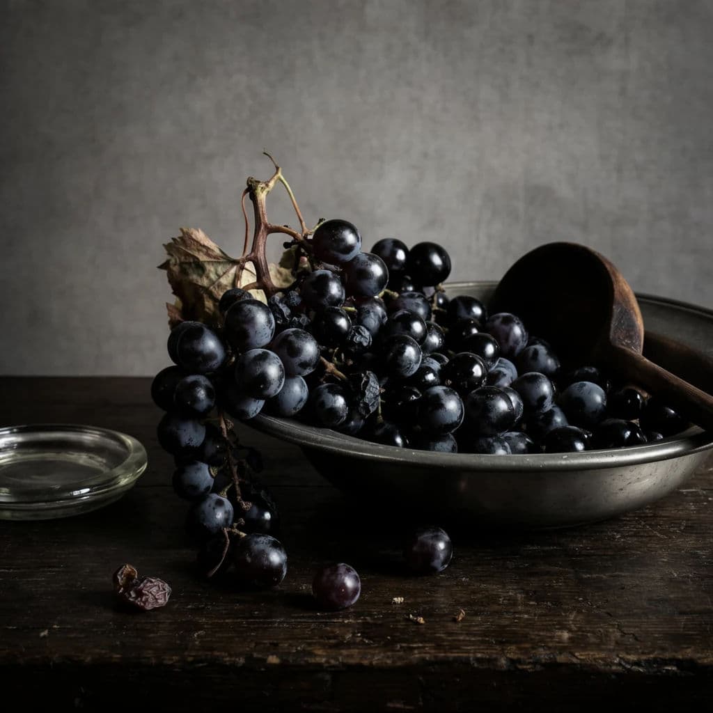 Square still life of a bunch of grapes spilling over the rim of a shallow bowl, generated with Krea 2 Large
