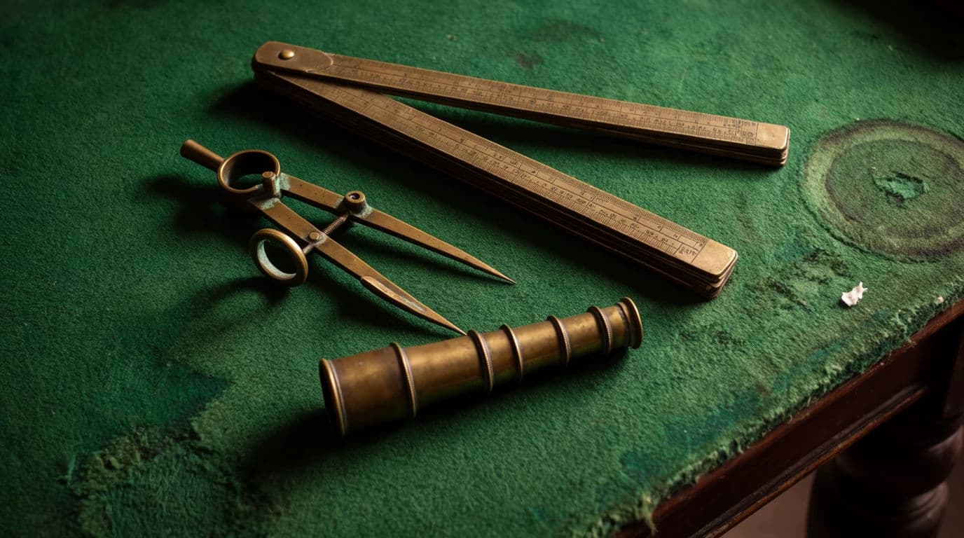 Wide still life of brass navigational instruments arranged on a worn green baize, generated with Krea 2 Large