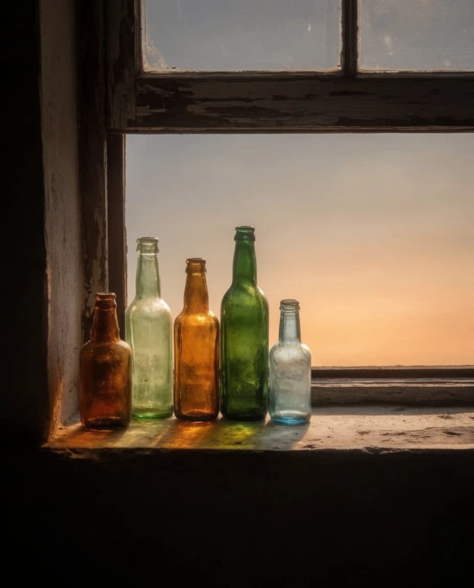 Still life of coloured glass bottles on a windowsill with the last light coming through, generated with Krea 2 Large