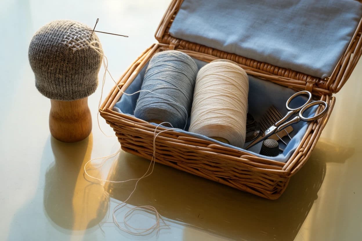 Still life of an open mending basket with thread, scissors and a part-darned sock, generated with Krea 2 Large