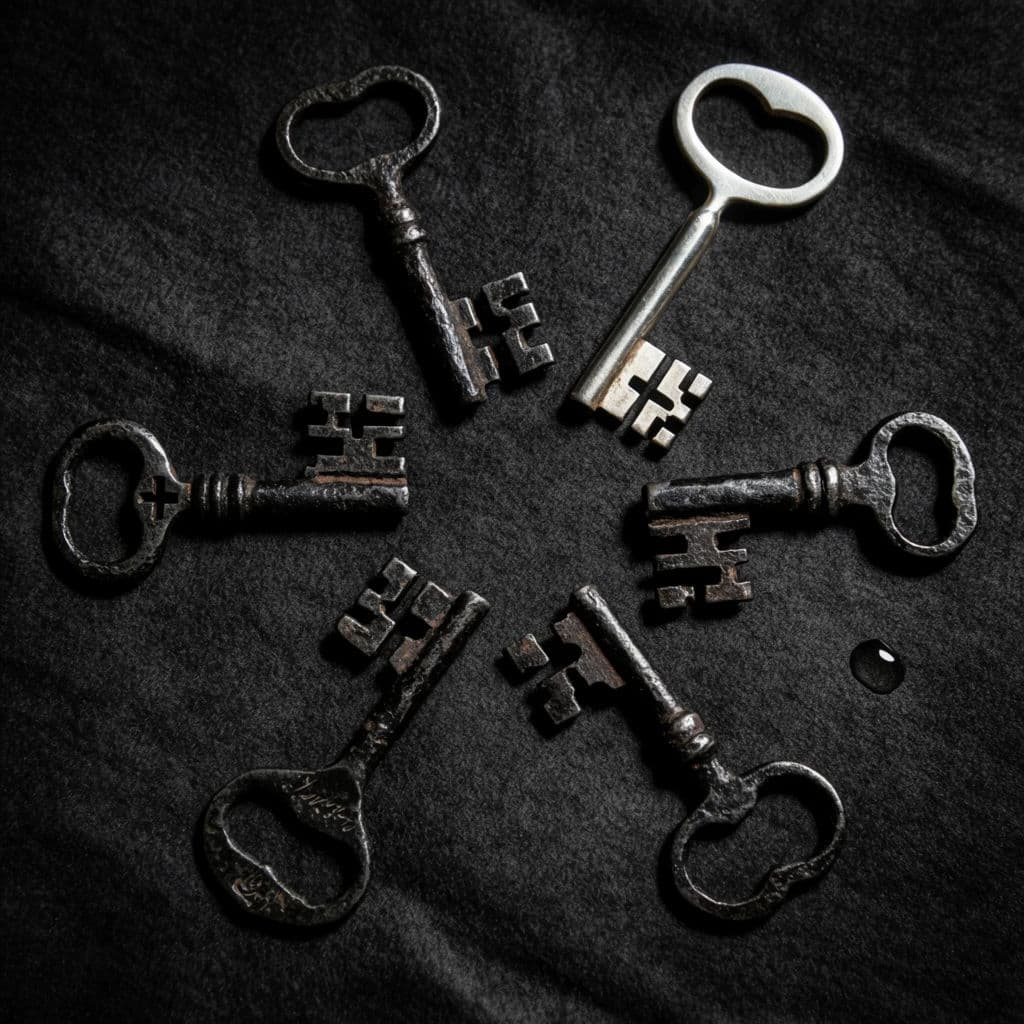 Square still life of a ring of old iron keys resting on dark folded wool, generated with Krea 2 Large