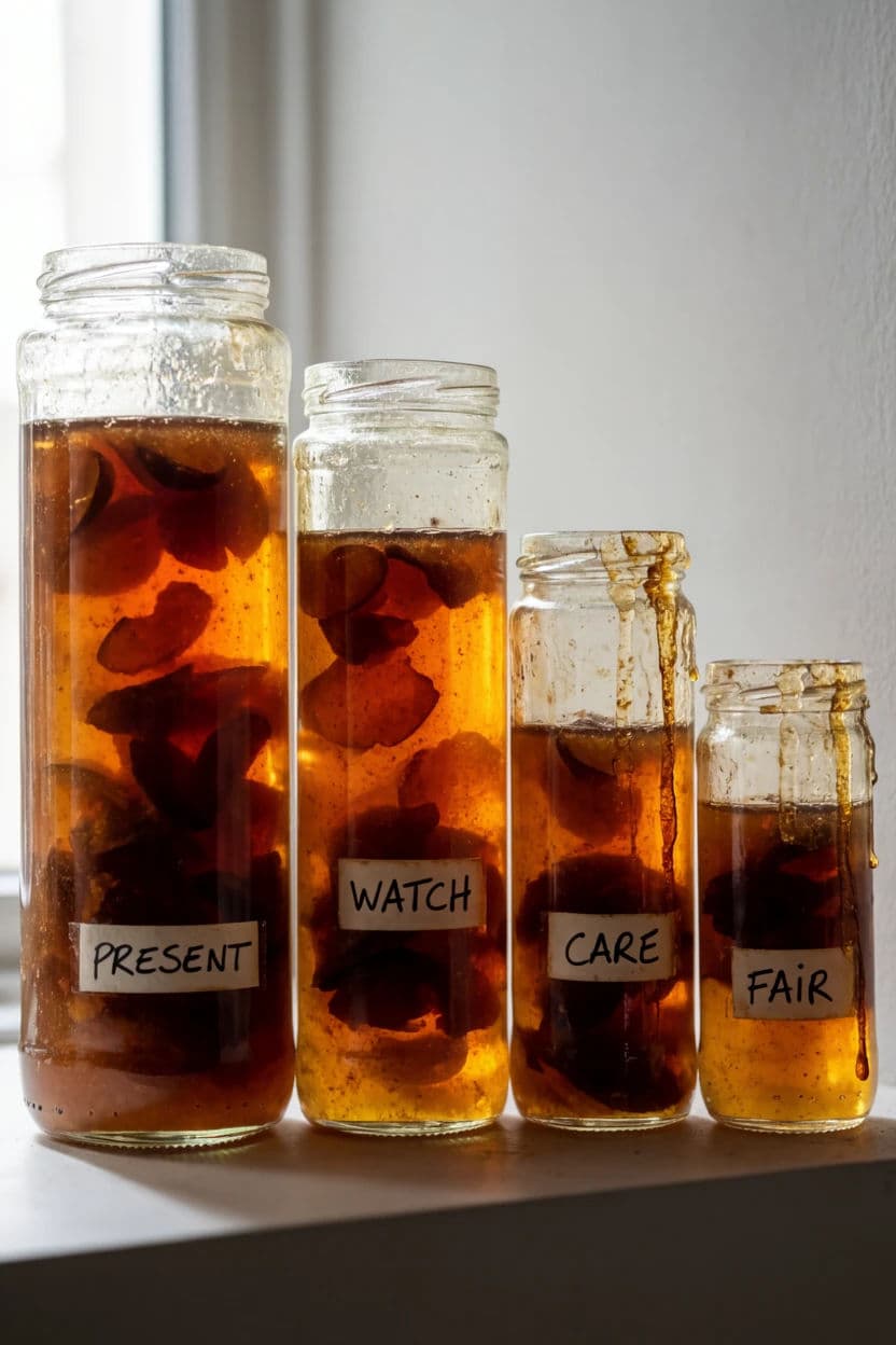 Vertical still life of home preserving jars lined up with handwritten labels, generated with Krea 2 Large