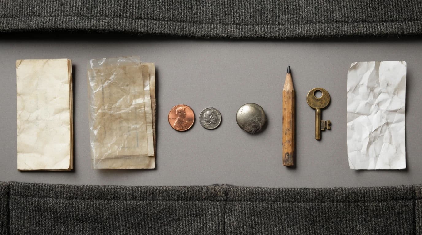 Wide still life of the contents of a single pocket laid out in a row, generated with Krea 2 Large