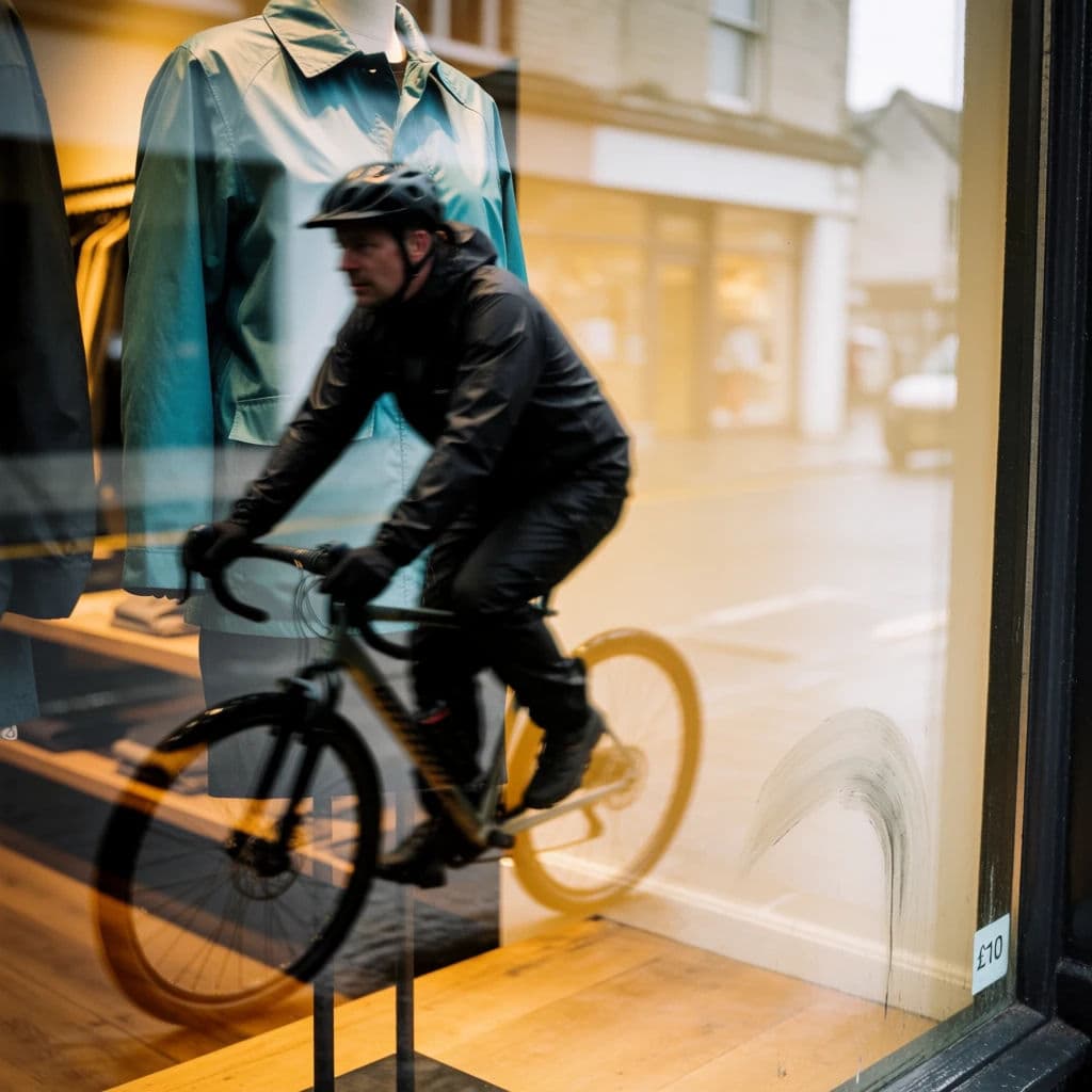 Square street photograph where a shop window reflection overlays the street onto the display, generated with Krea 2 Medium