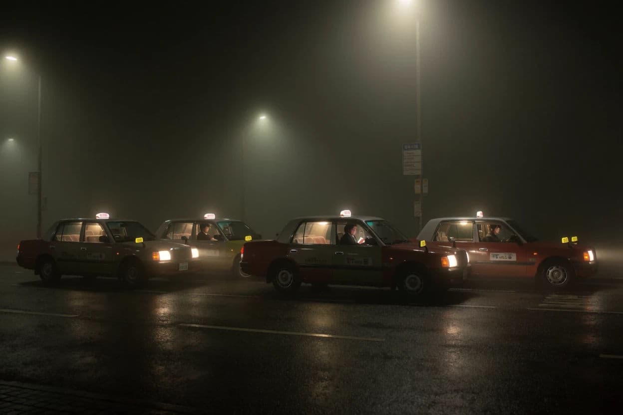 Street photograph of taxis waiting in a rank with their interior lights on late at night, generated with Krea 2 Medium