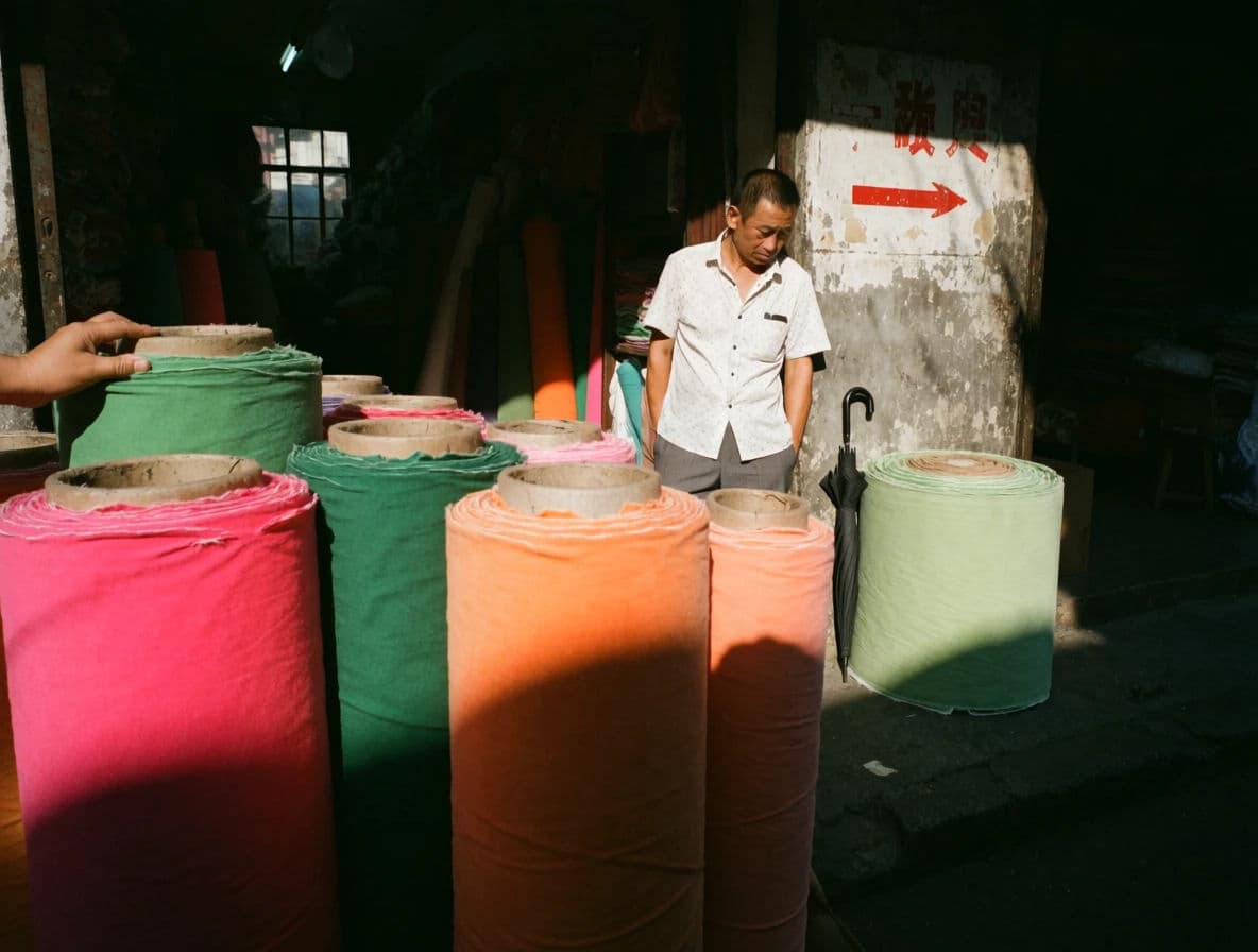 Street photograph of stacked fabric bolts in saturated colours outside a cloth shop, generated with Krea 2 Medium