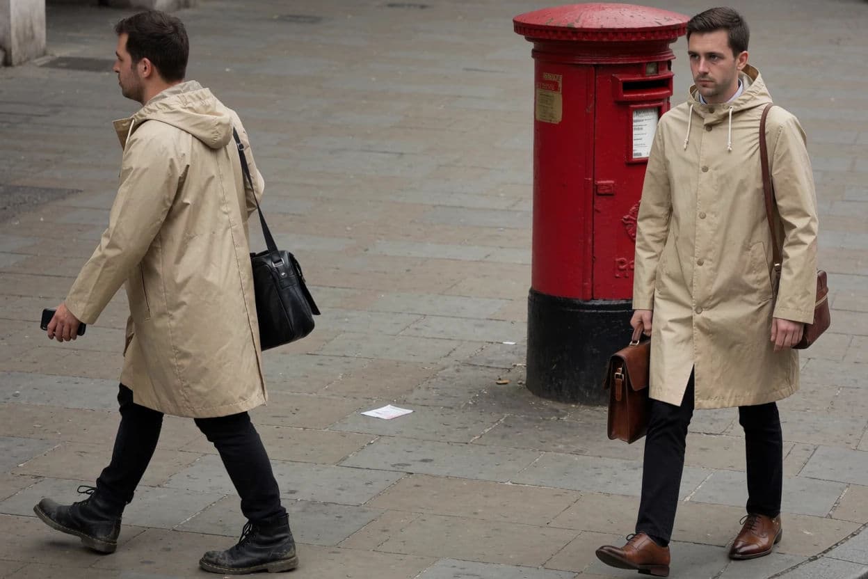 Street photograph of two strangers passing who happen to be wearing identical coats, generated with Krea 2 Medium