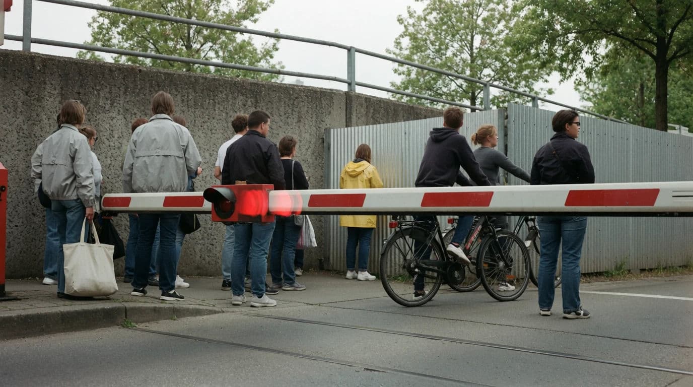 Wide street photograph of pedestrians waiting at a lowered level crossing barrier, generated with Krea 2 Medium