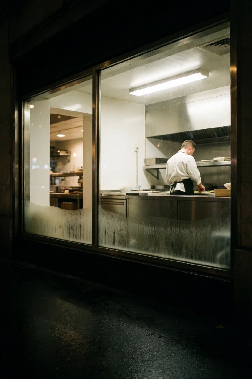 Vertical street photograph of a lit restaurant kitchen seen through a window from the pavement, generated with Krea 2 Medium