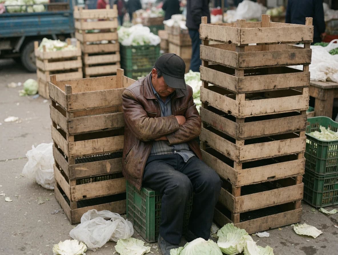 Street photograph of a market trader asleep sitting upright between stacked crates, generated with Krea 2 Medium
