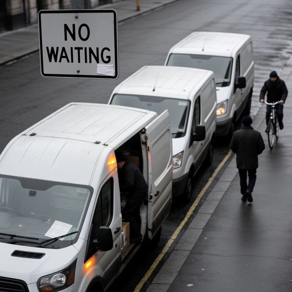Square street photograph of a no waiting sign above a row of parked delivery vans, generated with Krea 2 Medium