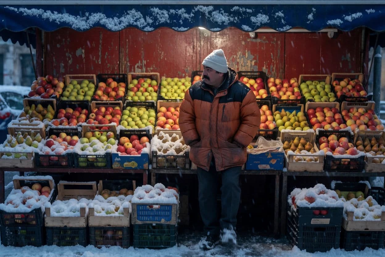 Street photograph of light snow settling on an outdoor fruit display still open for trade, generated with Krea 2 Medium