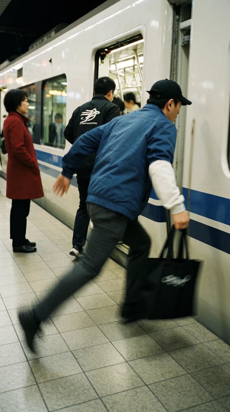 Vertical street photograph of a commuter sprinting for train doors that are already closing, generated with Krea 2 Medium