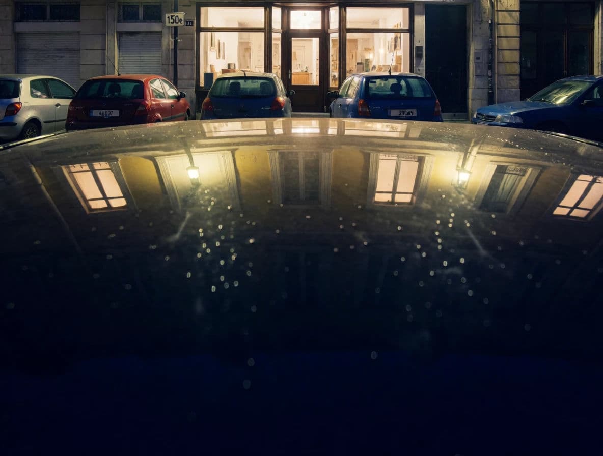 Street photograph of a bar frontage reflected in the polished roof of a parked car at night, generated with Krea 2 Medium