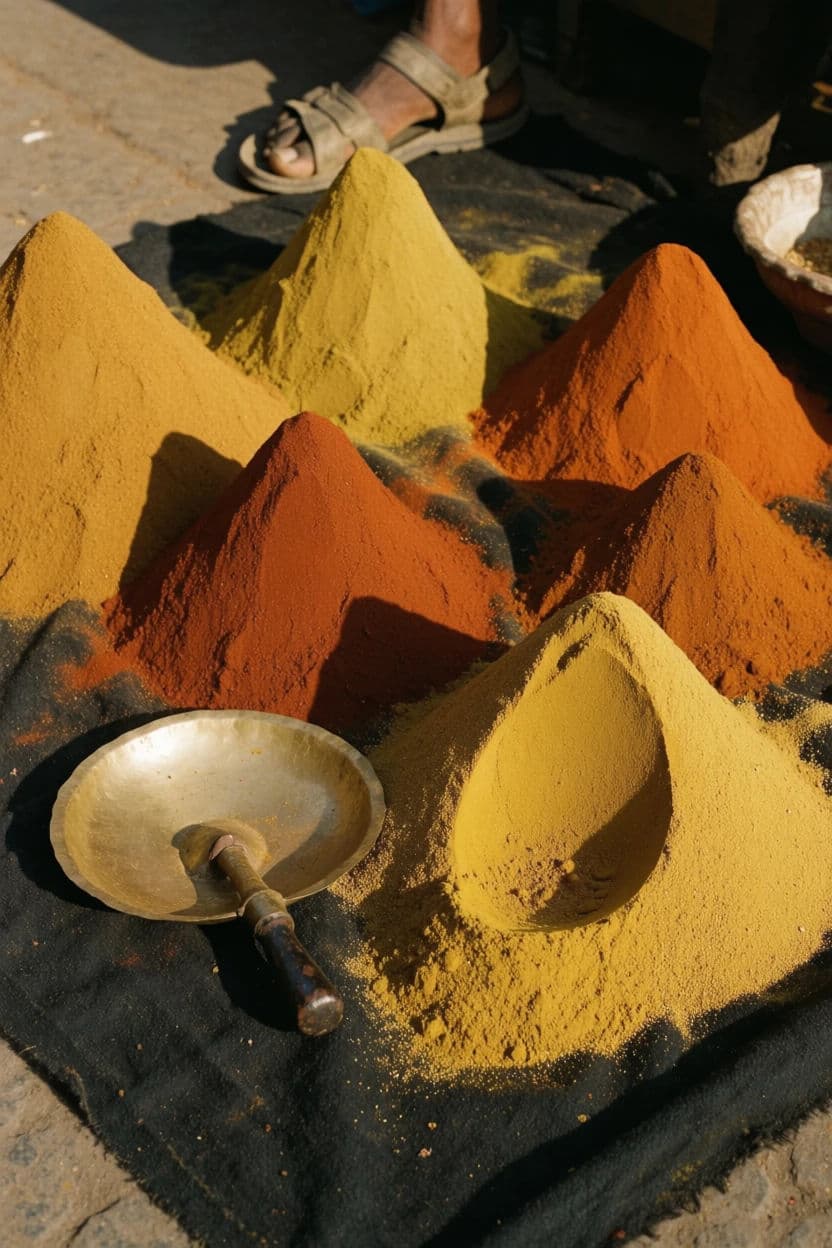 Vertical street photograph of cone-shaped spice piles arranged on a market cloth, generated with Krea 2 Medium