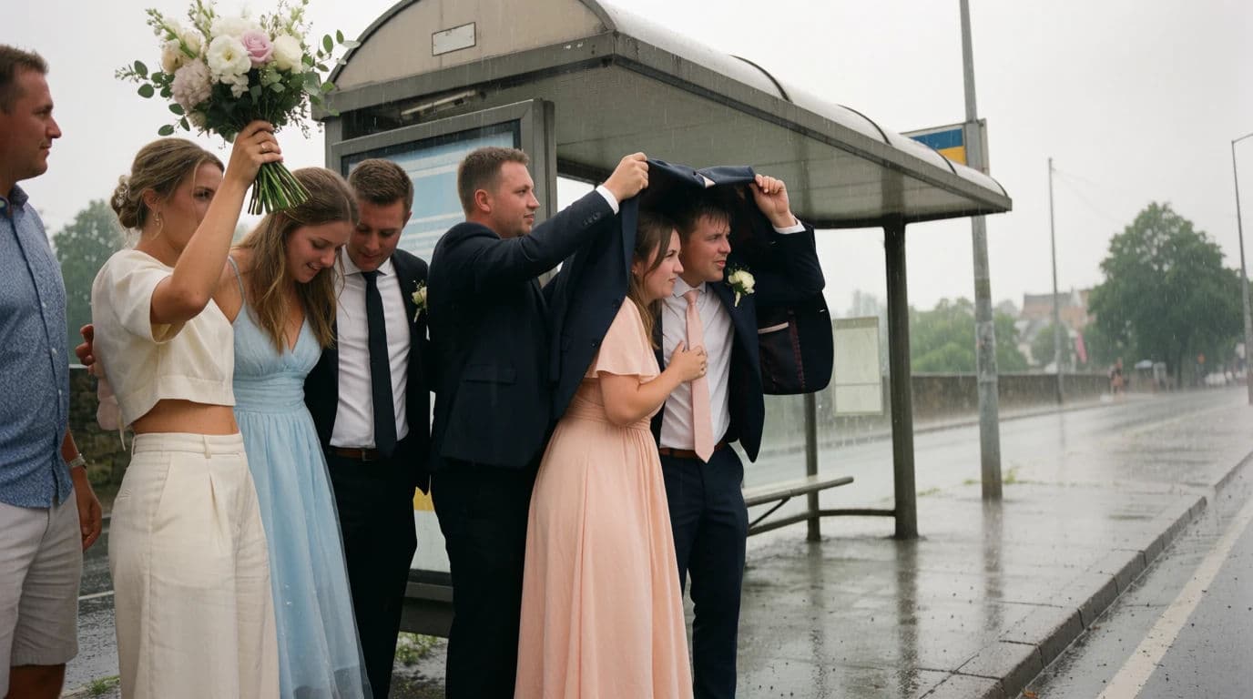 Wide street photograph of a wedding party crowded into a bus shelter out of the rain, generated with Krea 2 Medium