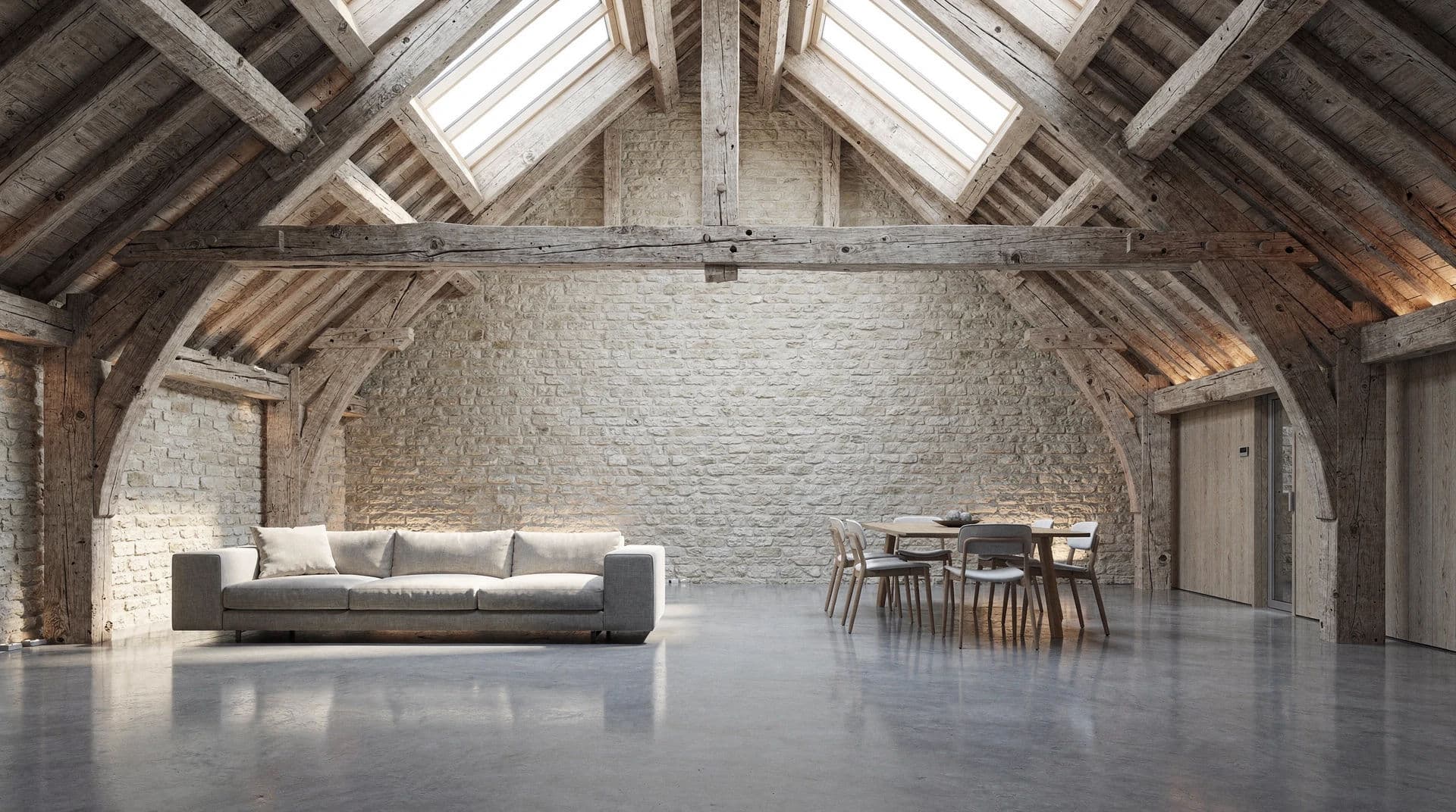 Listing photograph of a converted barn interior exposed for the roof timbers, generated with Flux 2 Pro