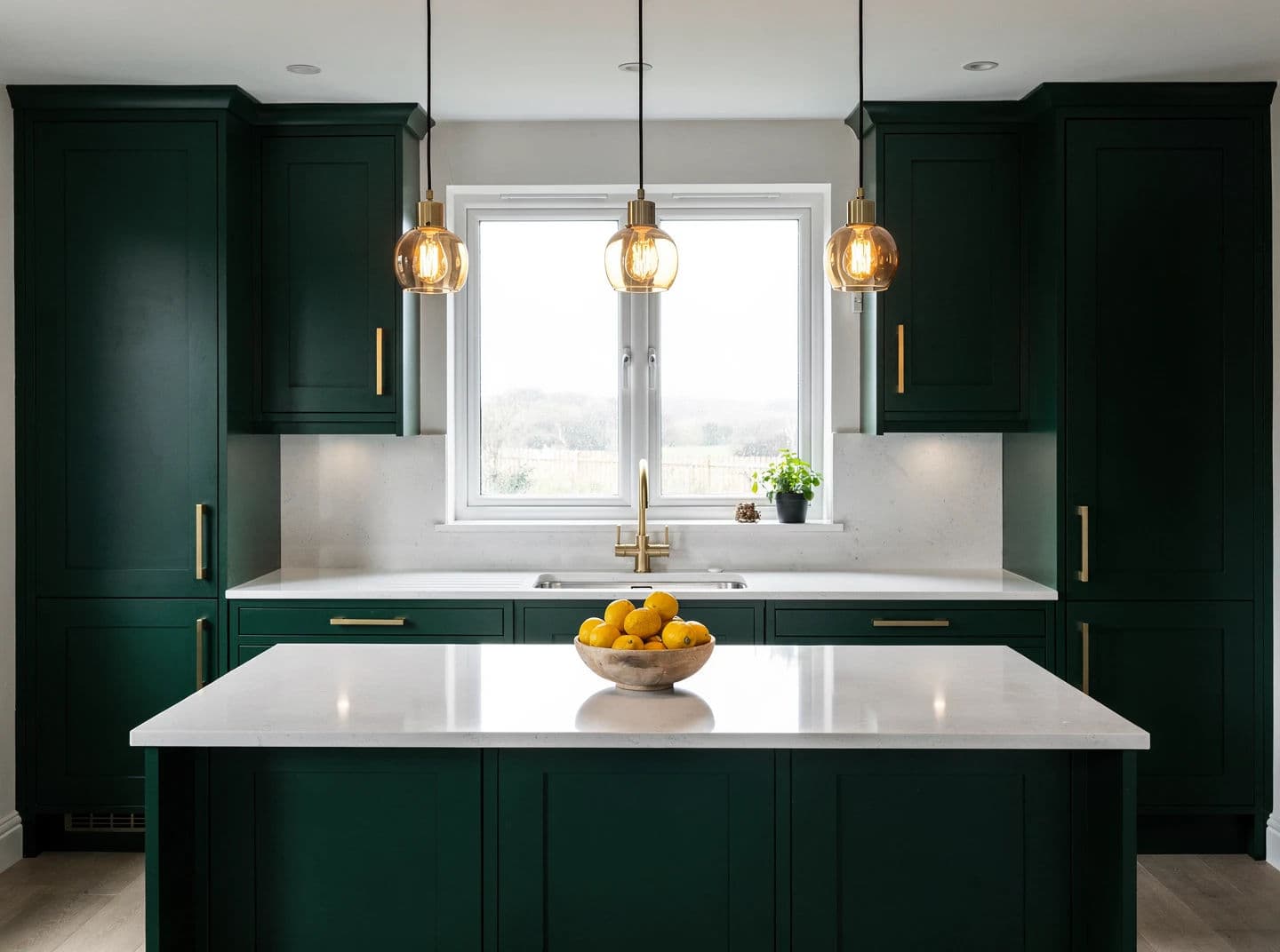 Listing photograph of a kitchen island lit by three pendant lights balanced against daylight, generated with Flux 2 Pro