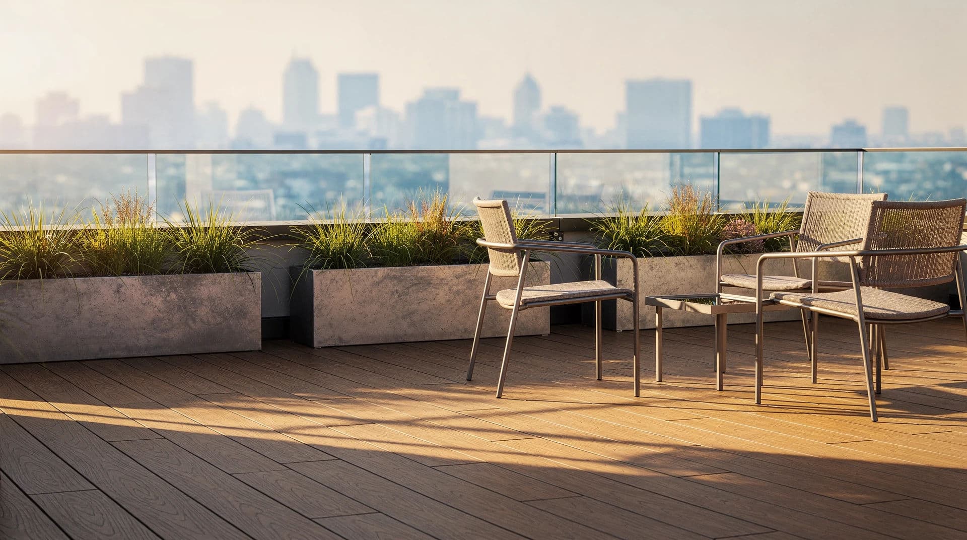 Listing photograph of a roof terrace with low sun raking across the decking, generated with Flux 2 Pro