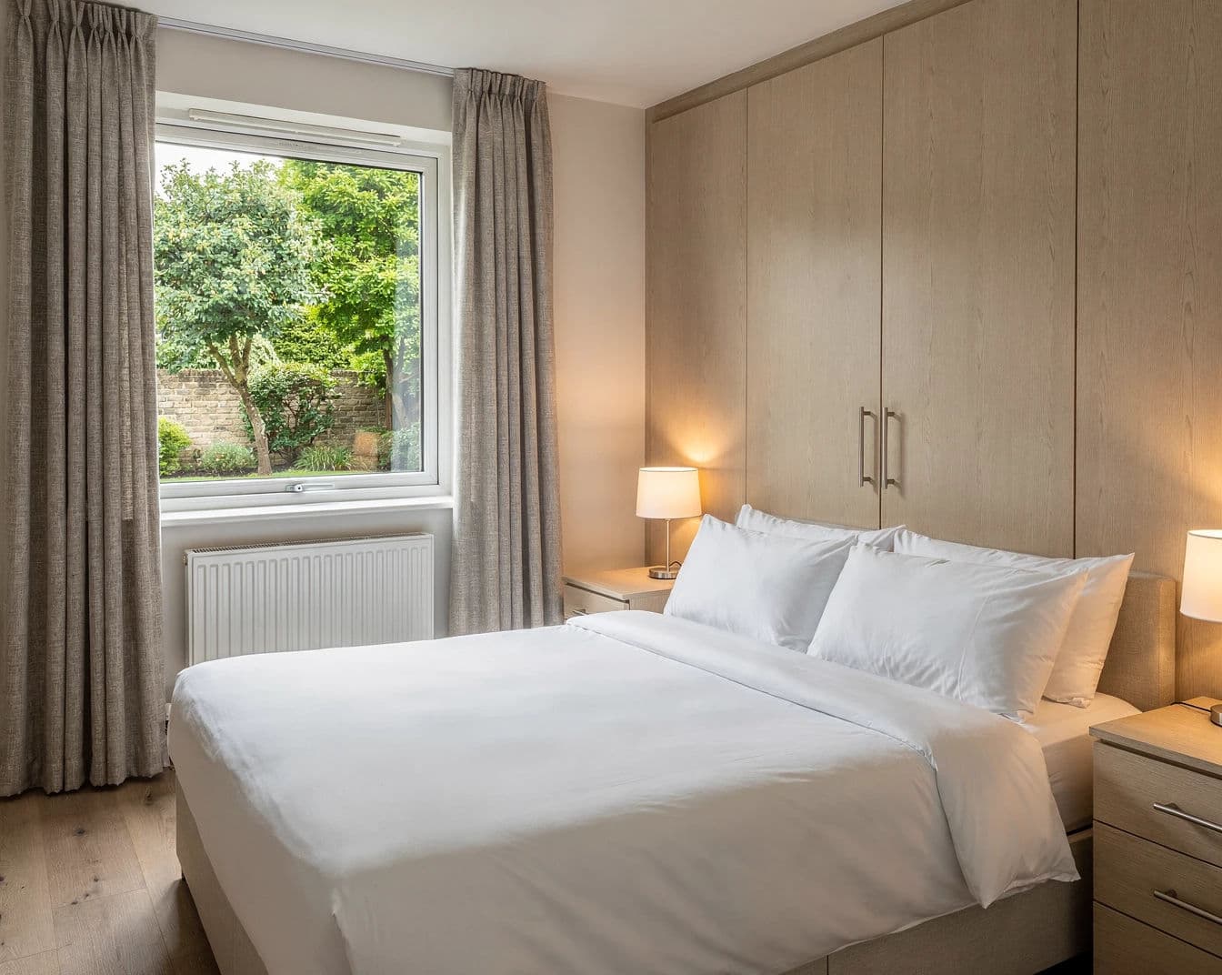Listing photograph of a bedroom where the view through the window is still visible rather than blown white, generated with Flux 2 Pro