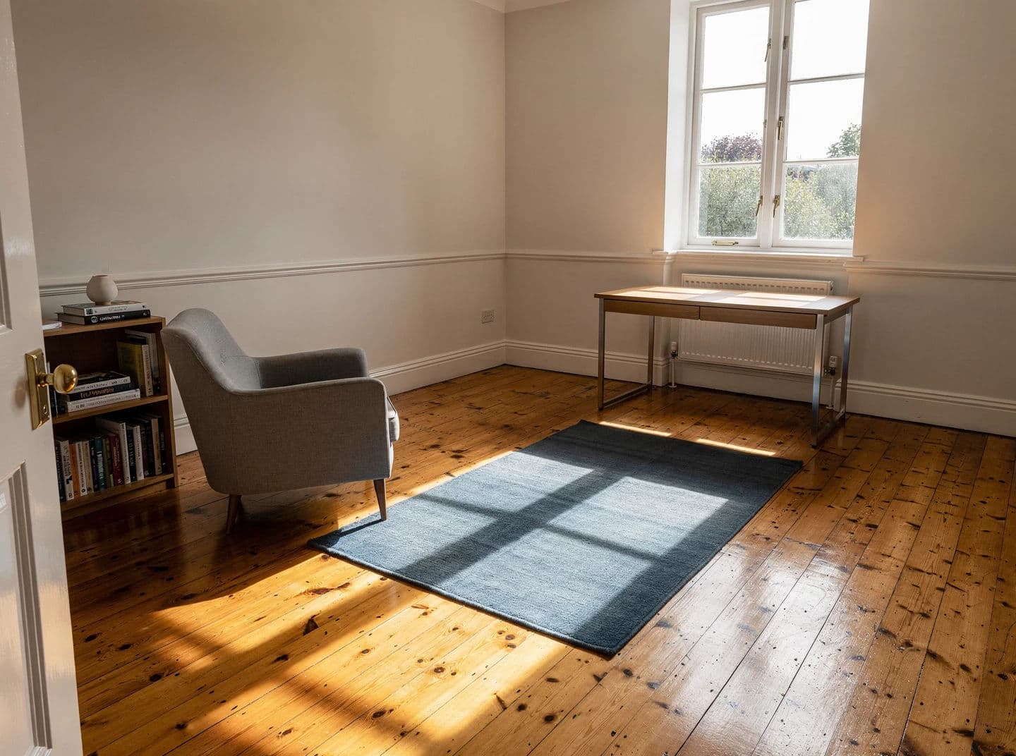 Listing photograph of the same empty room now furnished, shot from the identical camera position, generated with Flux 2 Pro