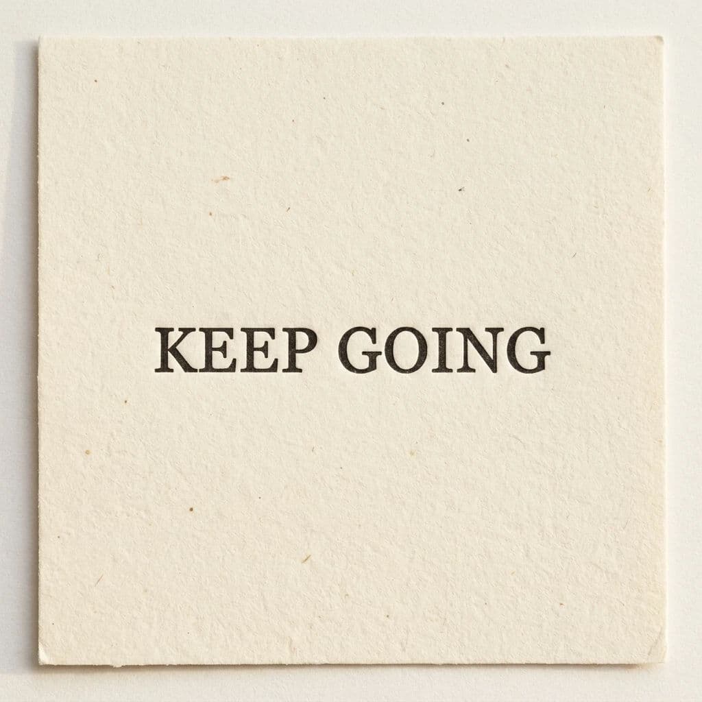 Square quote card with two short words set in dark type on a textured cream ground, generated with Nano Banana 2