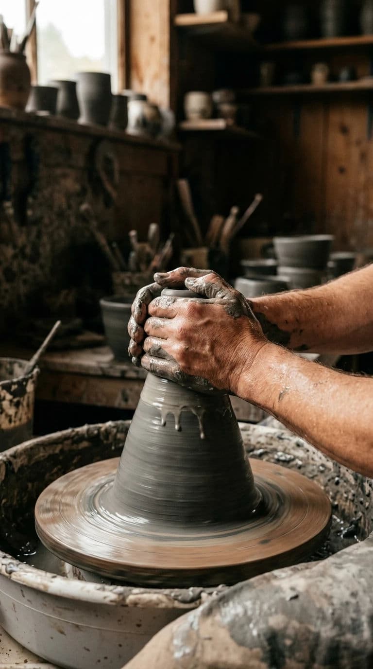 Vertical reel cover of a potter centring clay with the subject in the upper middle of the frame, generated with Nano Banana 2