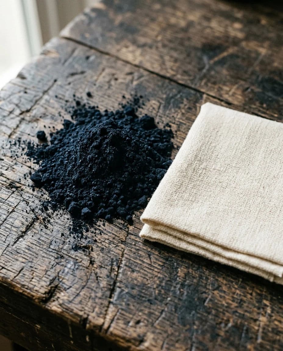 Close feed post of raw indigo dye powder and undyed cloth on a work surface, generated with Nano Banana 2