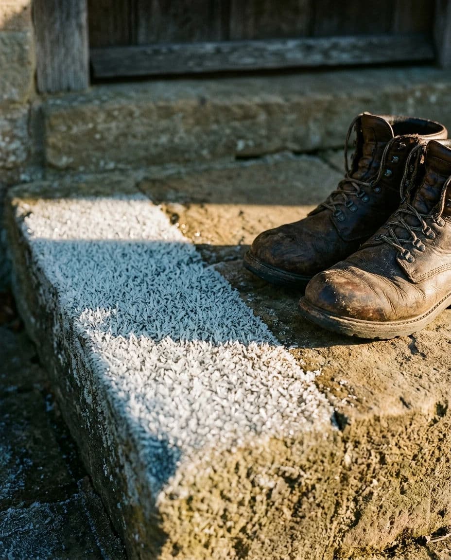 Feed post of frost on a doorstep and a pair of boots in low winter light, generated with Nano Banana 2