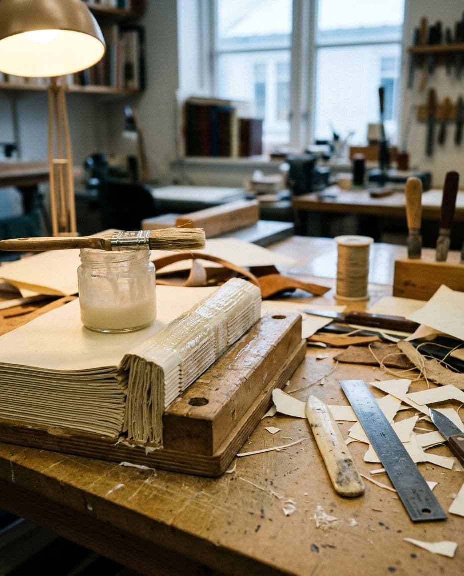 Feed post of a bookbinder at a bench with tools and offcuts left where they fell, generated with Nano Banana 2