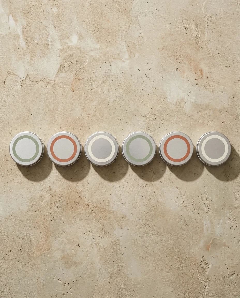 Overhead feed post of six product tins arranged in an even row with equal gaps, generated with Nano Banana 2