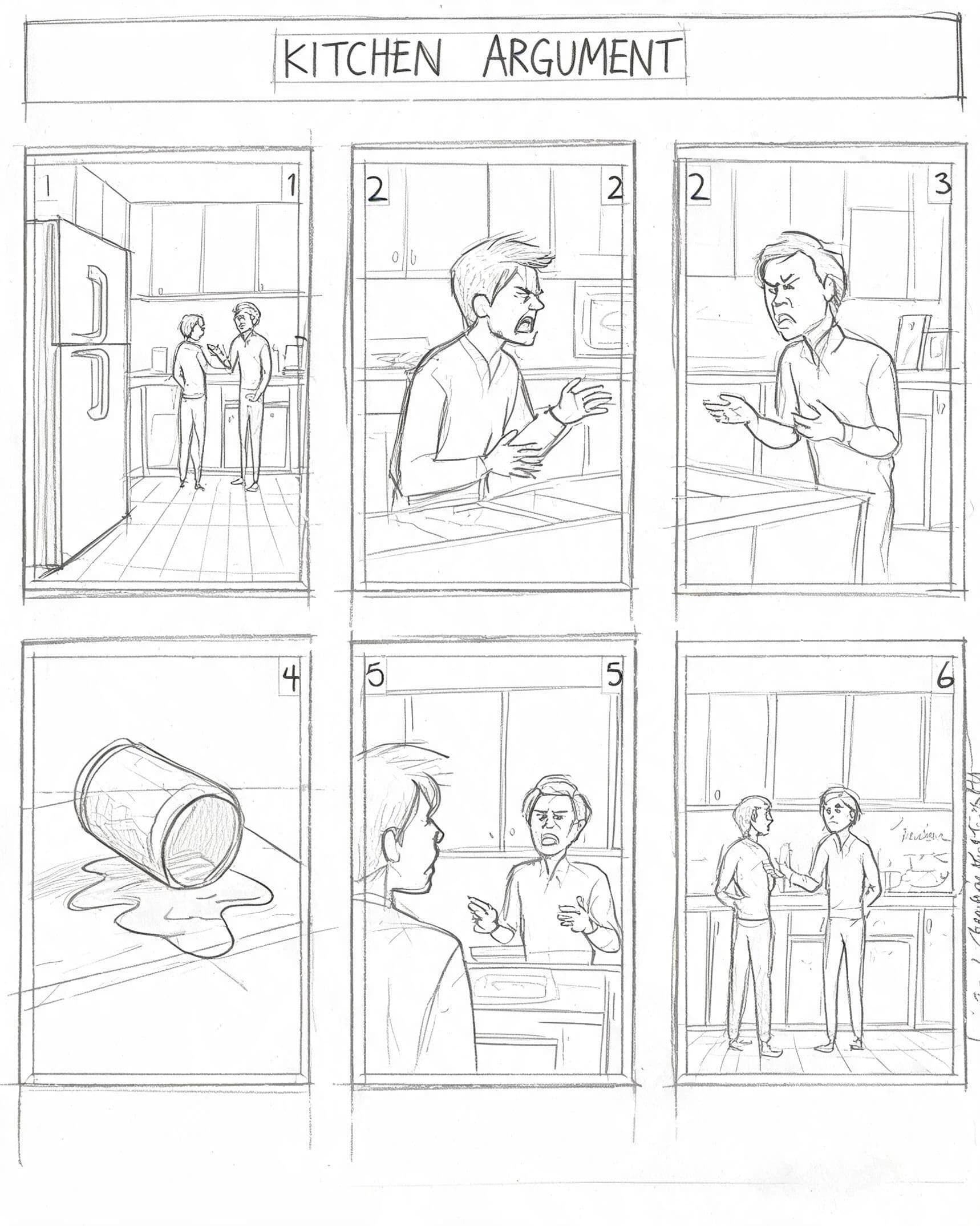 Full storyboard sheet of six numbered frames in a two by three grid with notes beside each, generated with Seedream 5.0 Lite