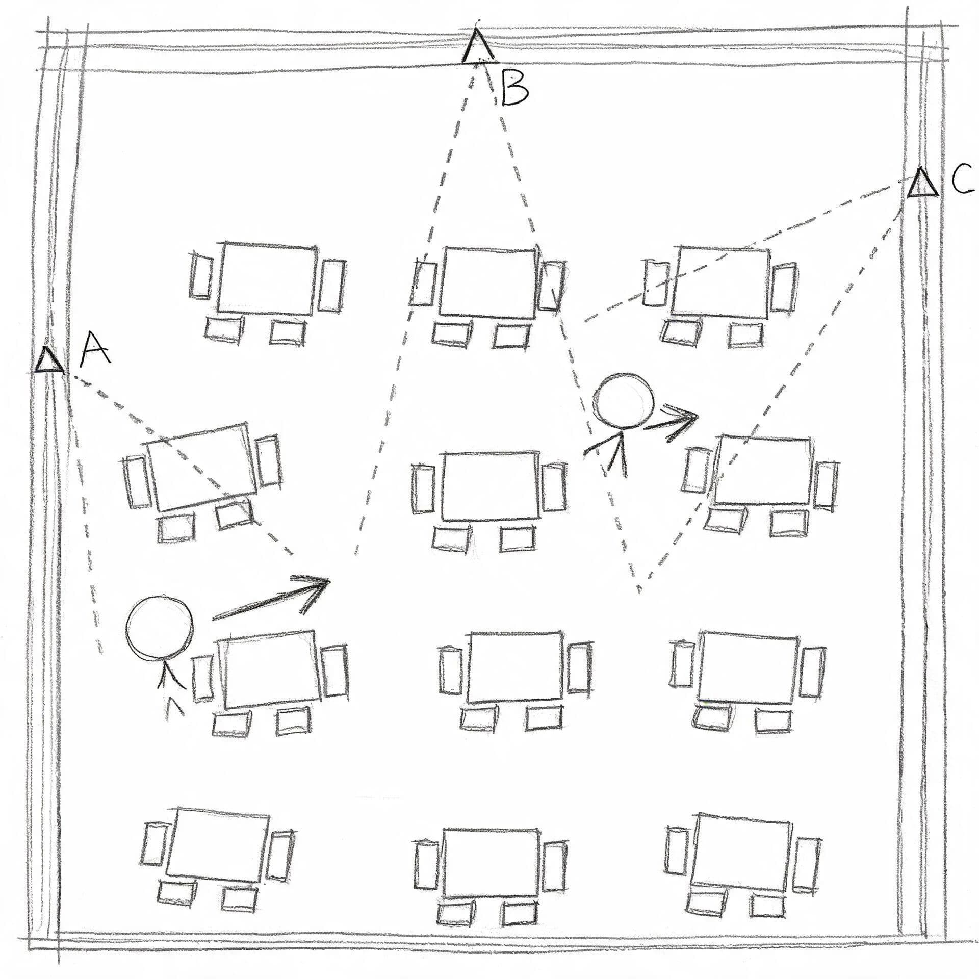 Overhead storyboard floor plan of a room with numbered camera positions and cones of view, generated with Seedream 5.0 Lite