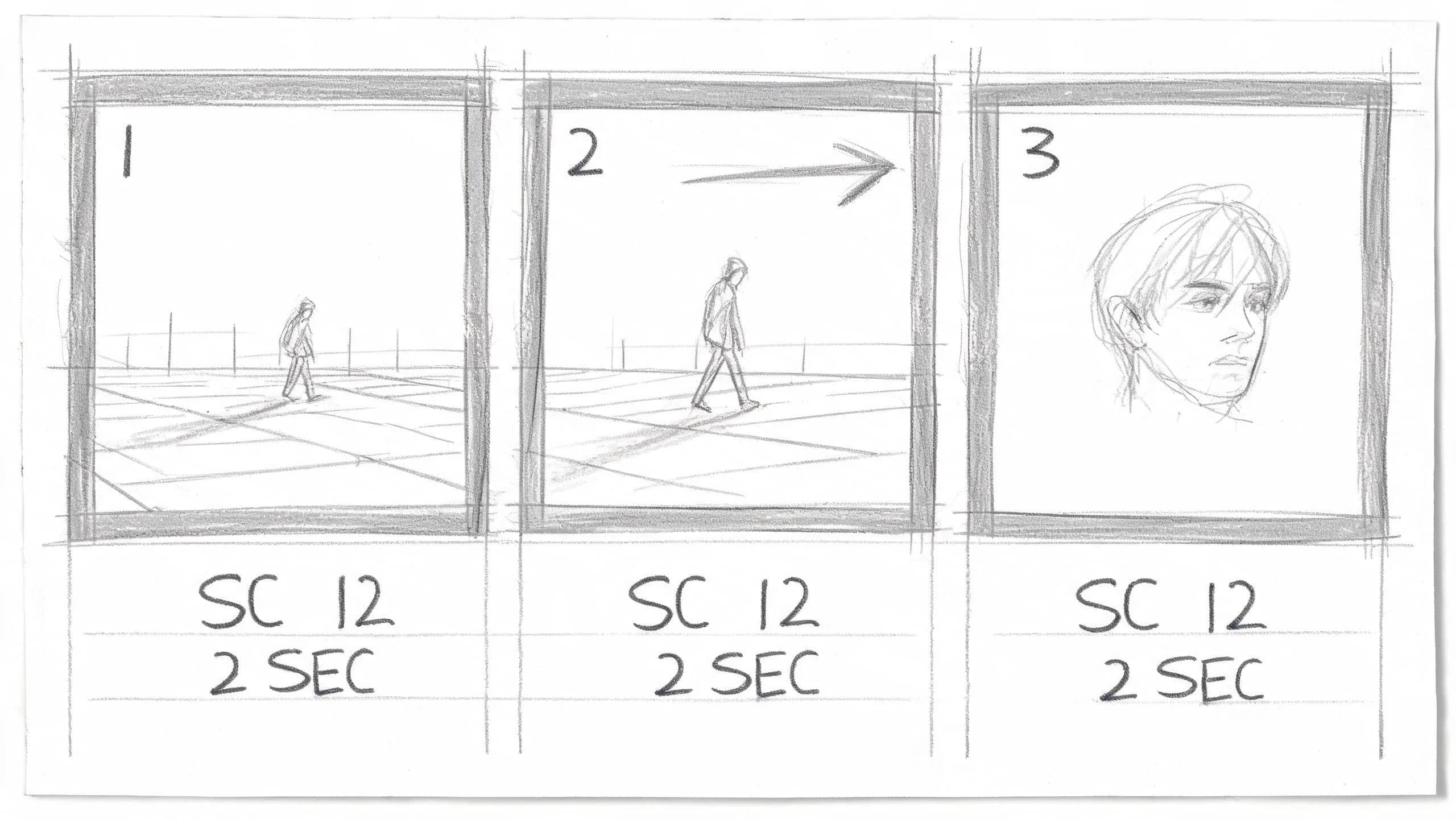 Storyboard strip of three ruled frames in a row showing a figure crossing a car park, generated with Seedream 5.0 Lite