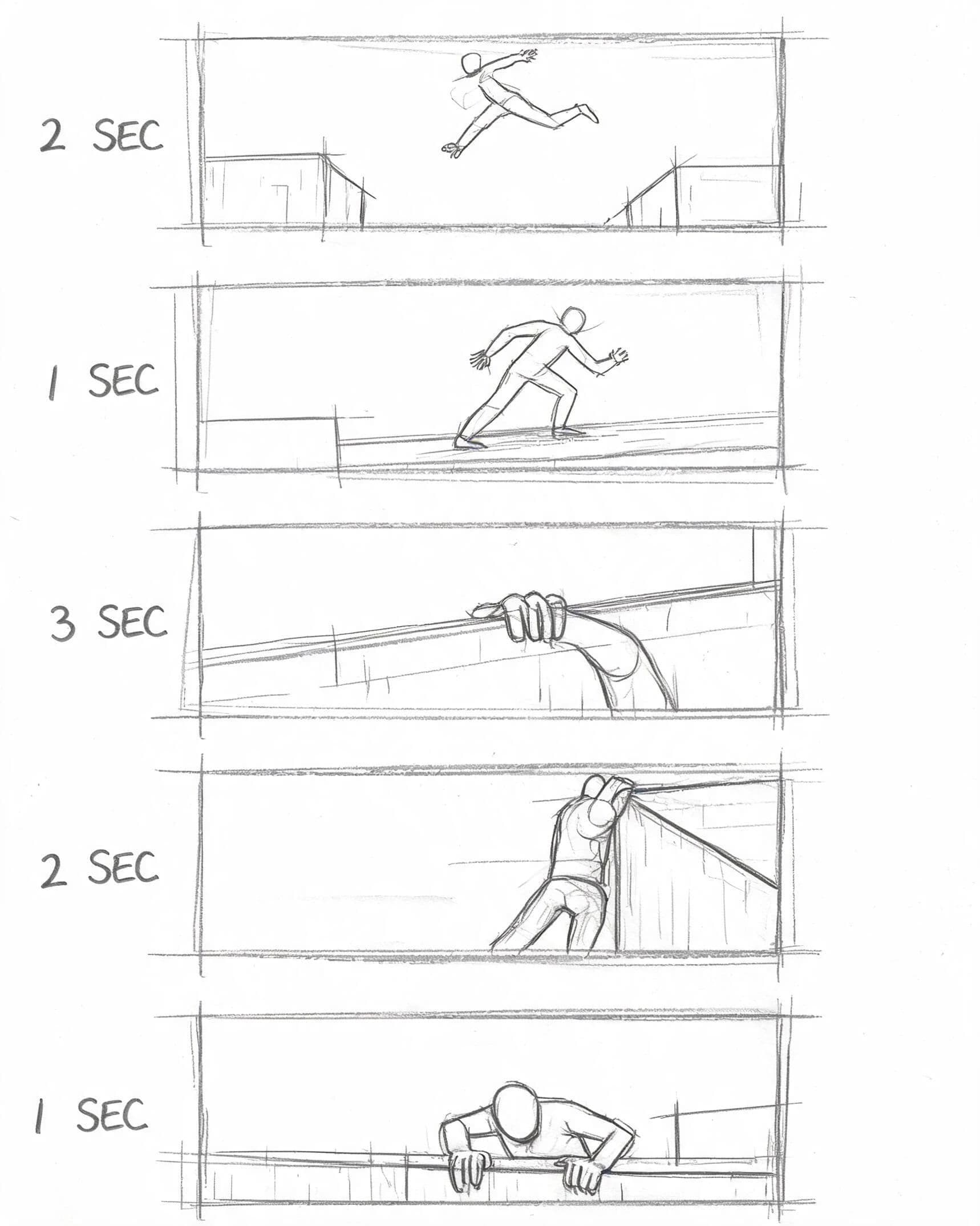 Vertical storyboard beat board of five stacked frames covering a chase, generated with Seedream 5.0 Lite