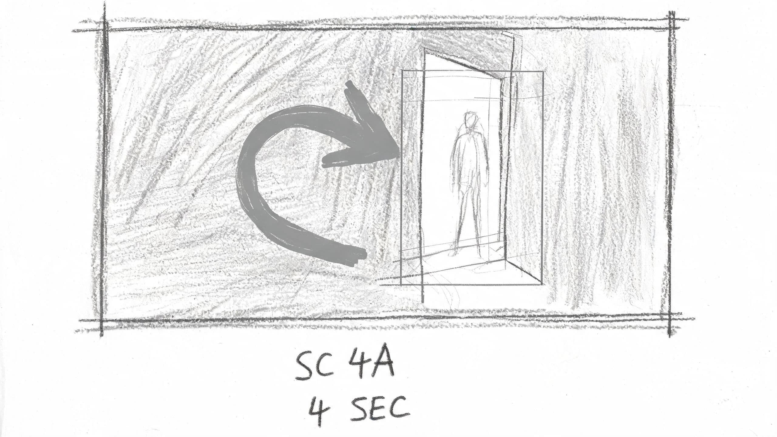 Single storyboard frame of a figure in a doorway with a bold curved arrow marking a push in, generated with Seedream 5.0 Lite
