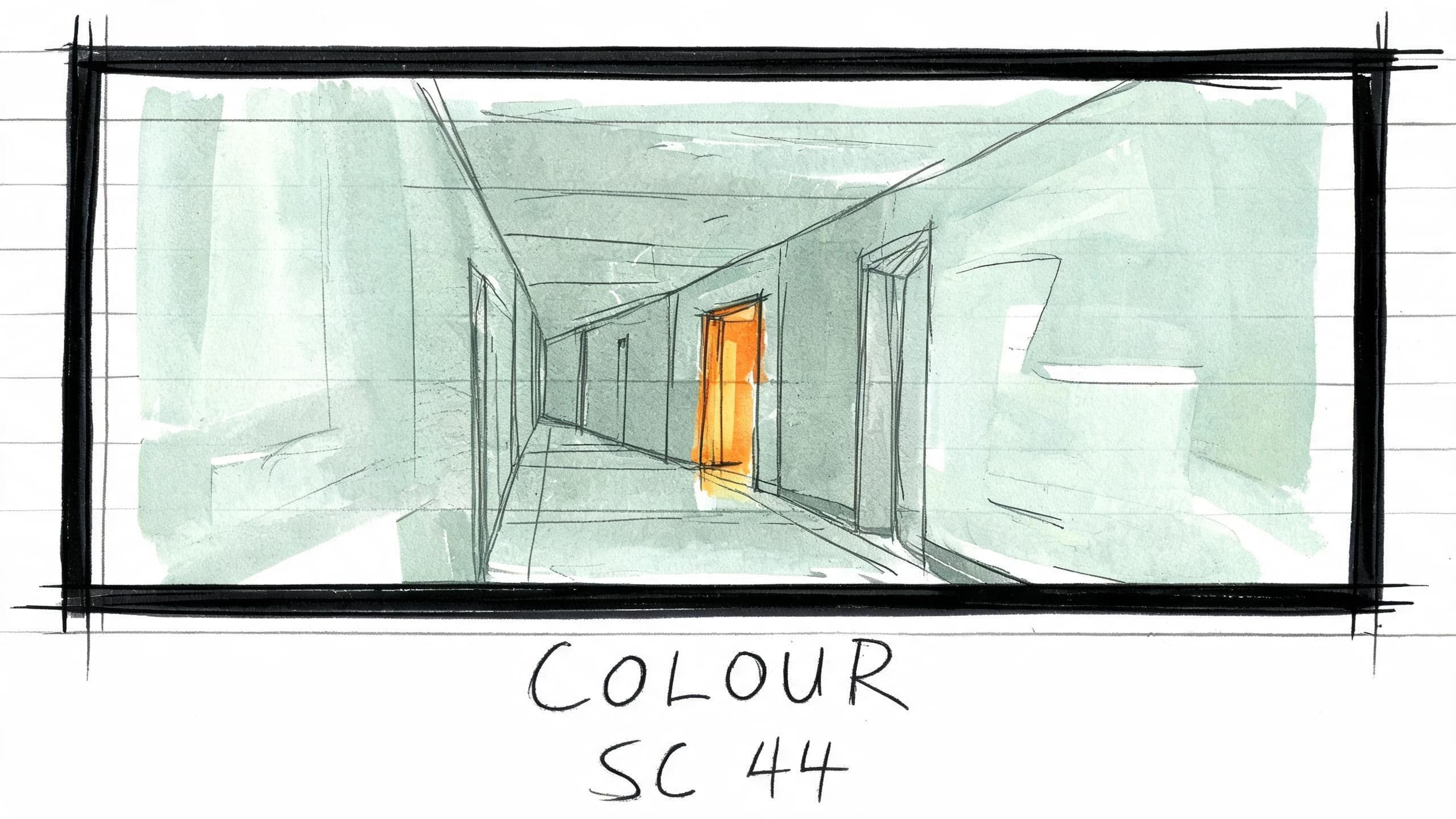 Storyboard frame loosely coloured with marker over pencil with a single warm accent, generated with Seedream 5.0 Lite
