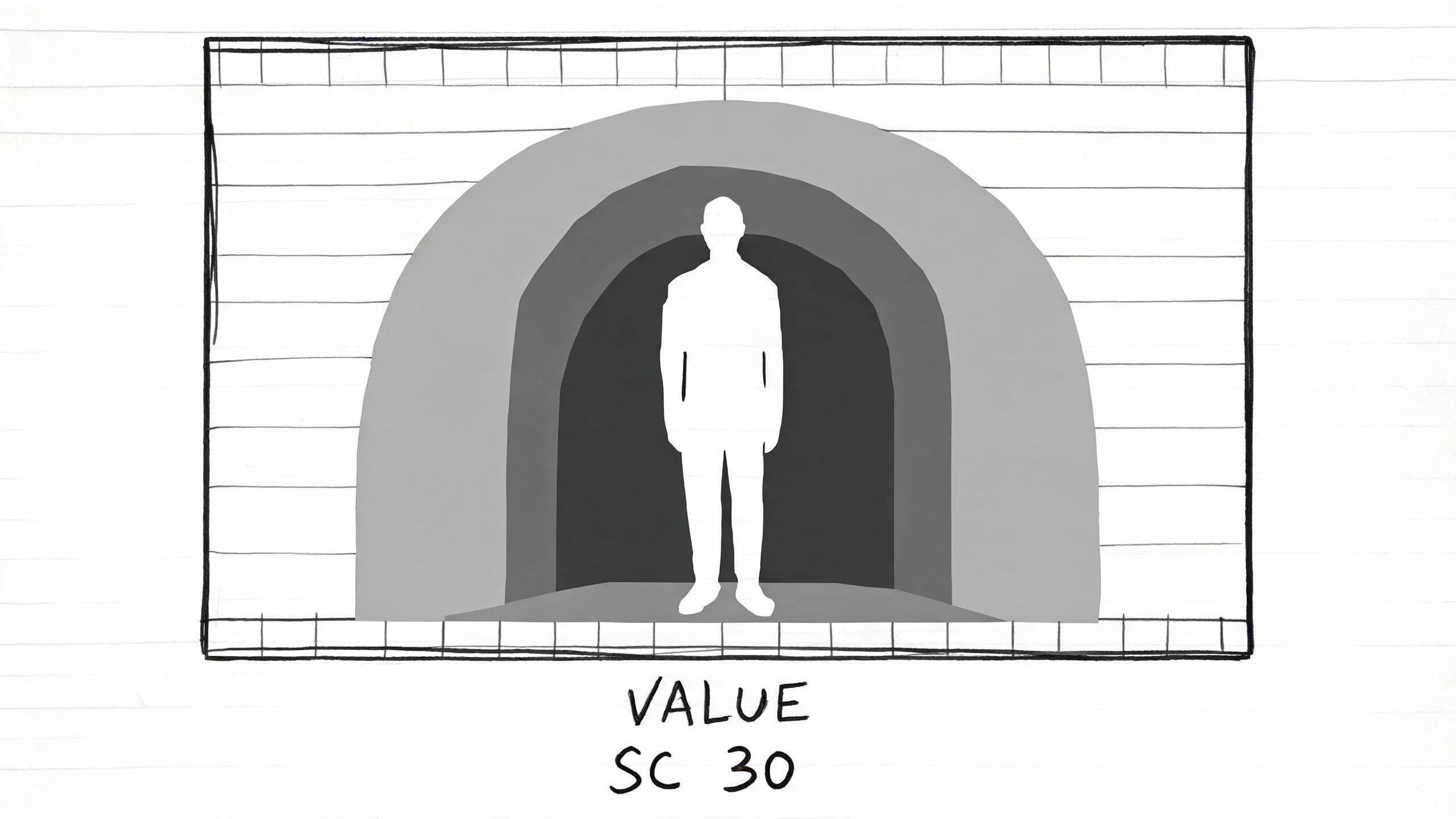 Storyboard frame rendered only in three flat tones of grey marker to plan contrast, generated with Seedream 5.0 Lite