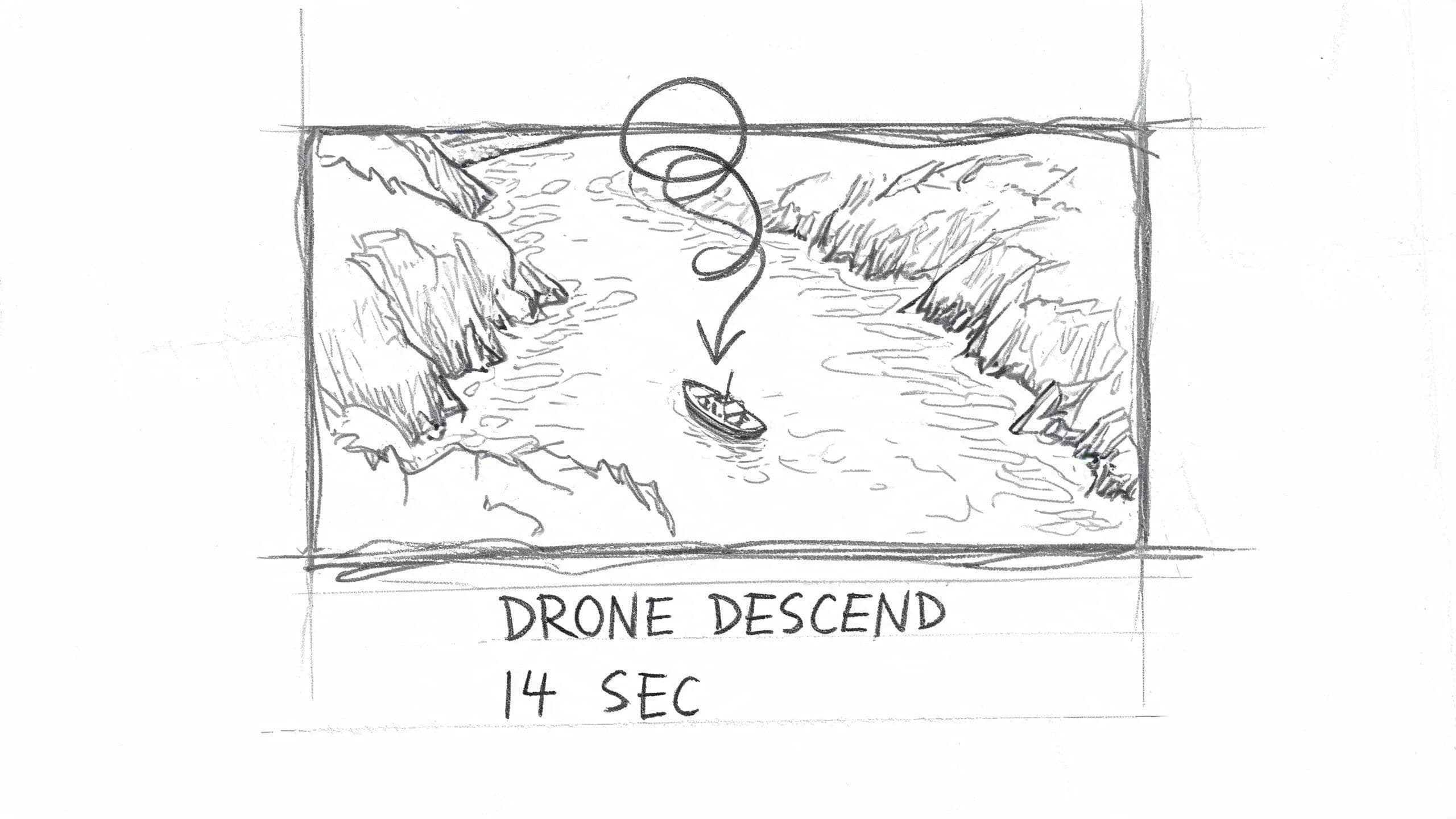 Storyboard aerial frame with a spiralling arrow marking a descending drone move, generated with Seedream 5.0 Lite