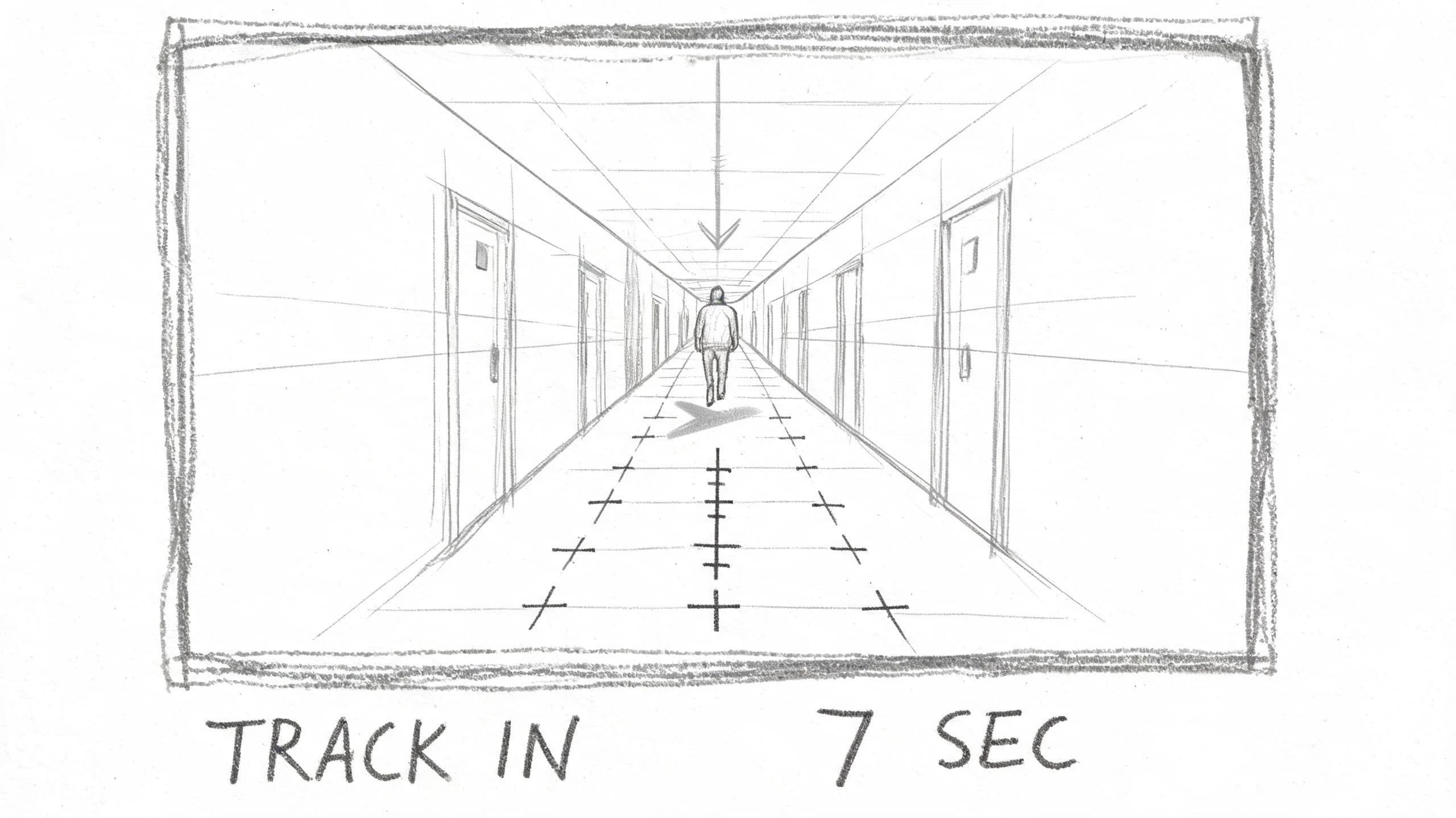 Storyboard frame of a corridor with a long straight arrow and a drawn dolly rail beneath it, generated with Seedream 5.0 Lite