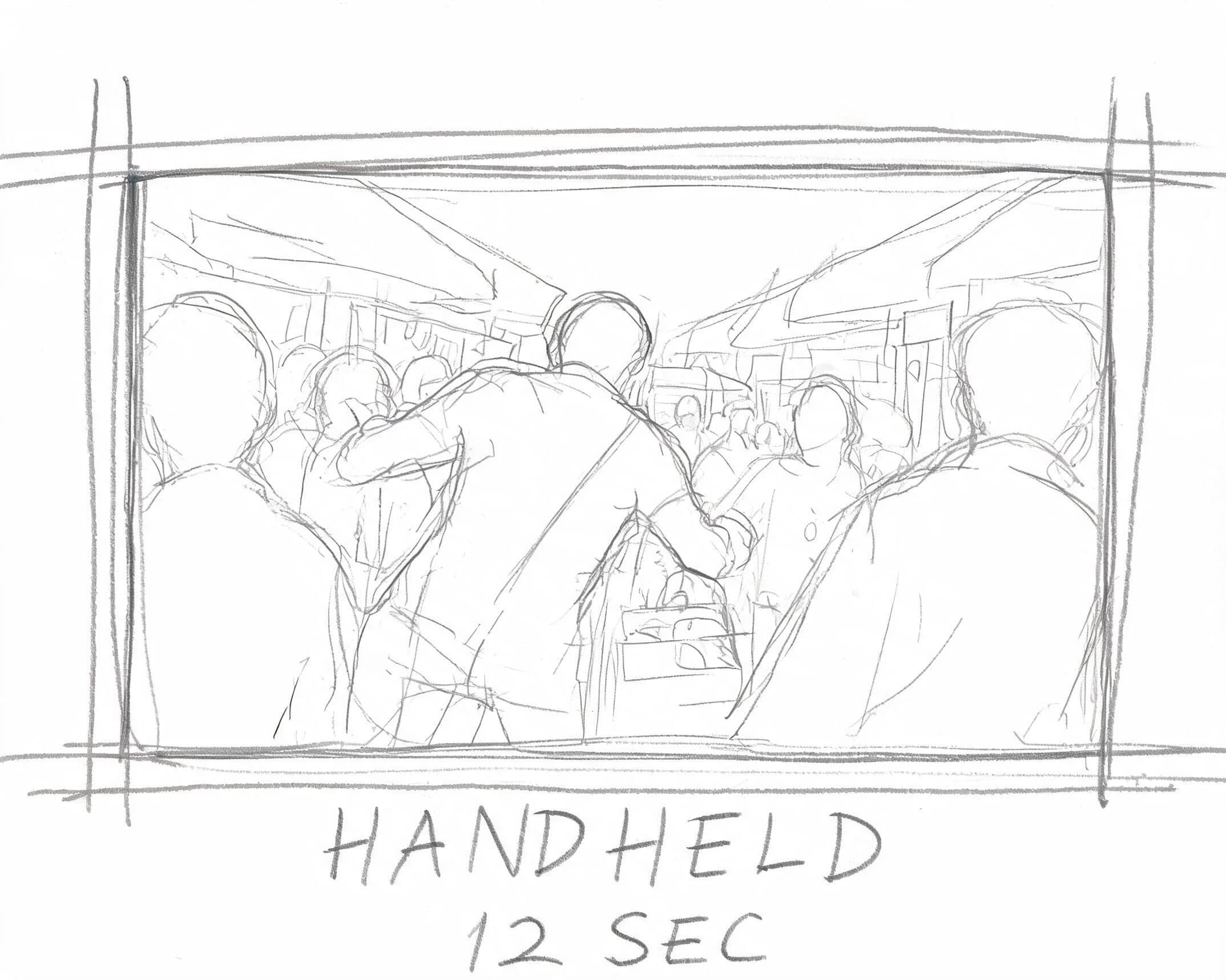Storyboard frame drawn with a doubled shaky border to indicate handheld camera, generated with Seedream 5.0 Lite