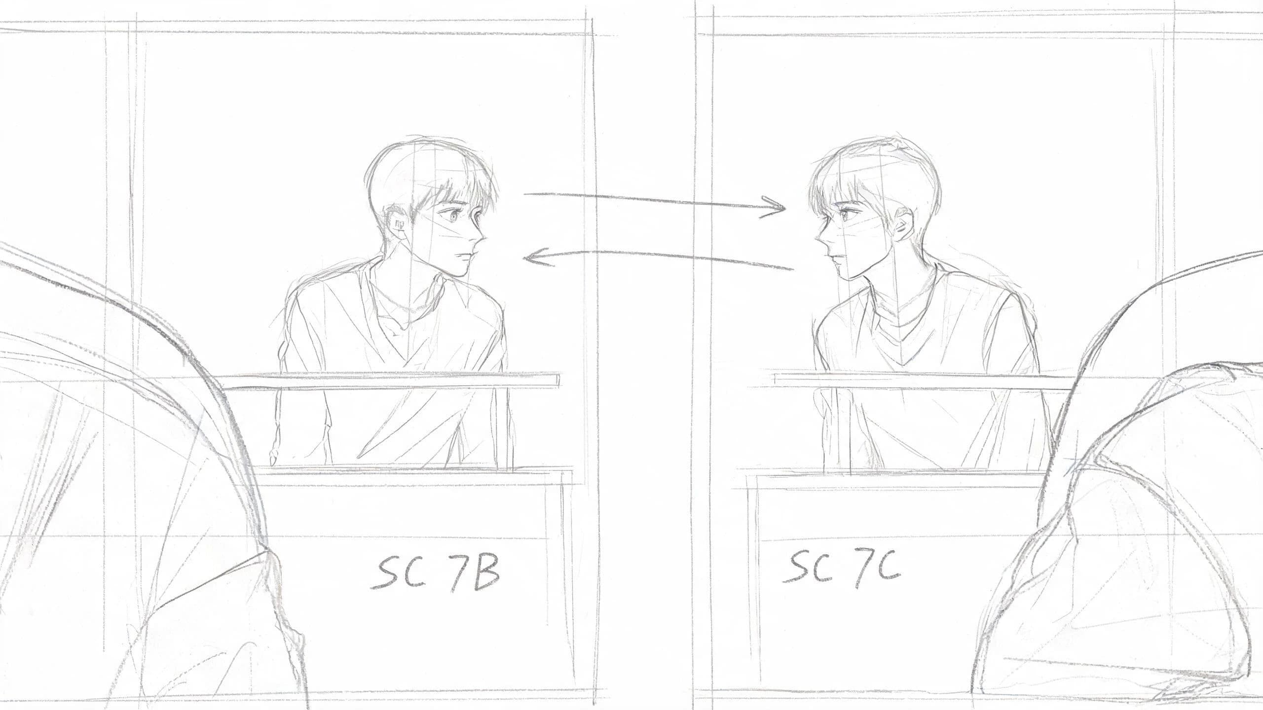 Two storyboard frames showing matched opposing angles on a conversation, generated with Seedream 5.0 Lite