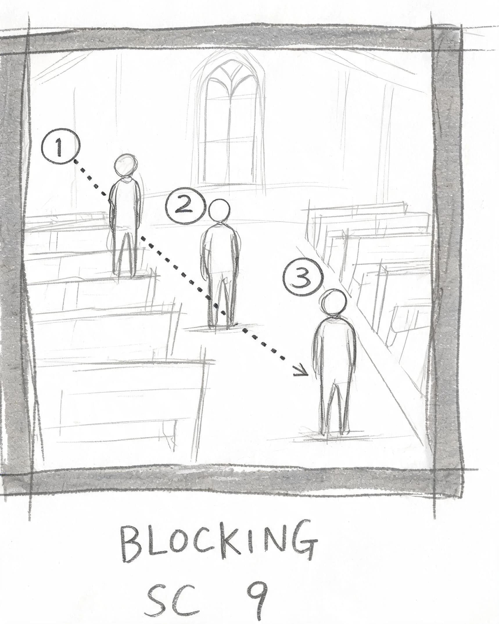 Storyboard frame with figures marked at three numbered standing positions, generated with Seedream 5.0 Lite