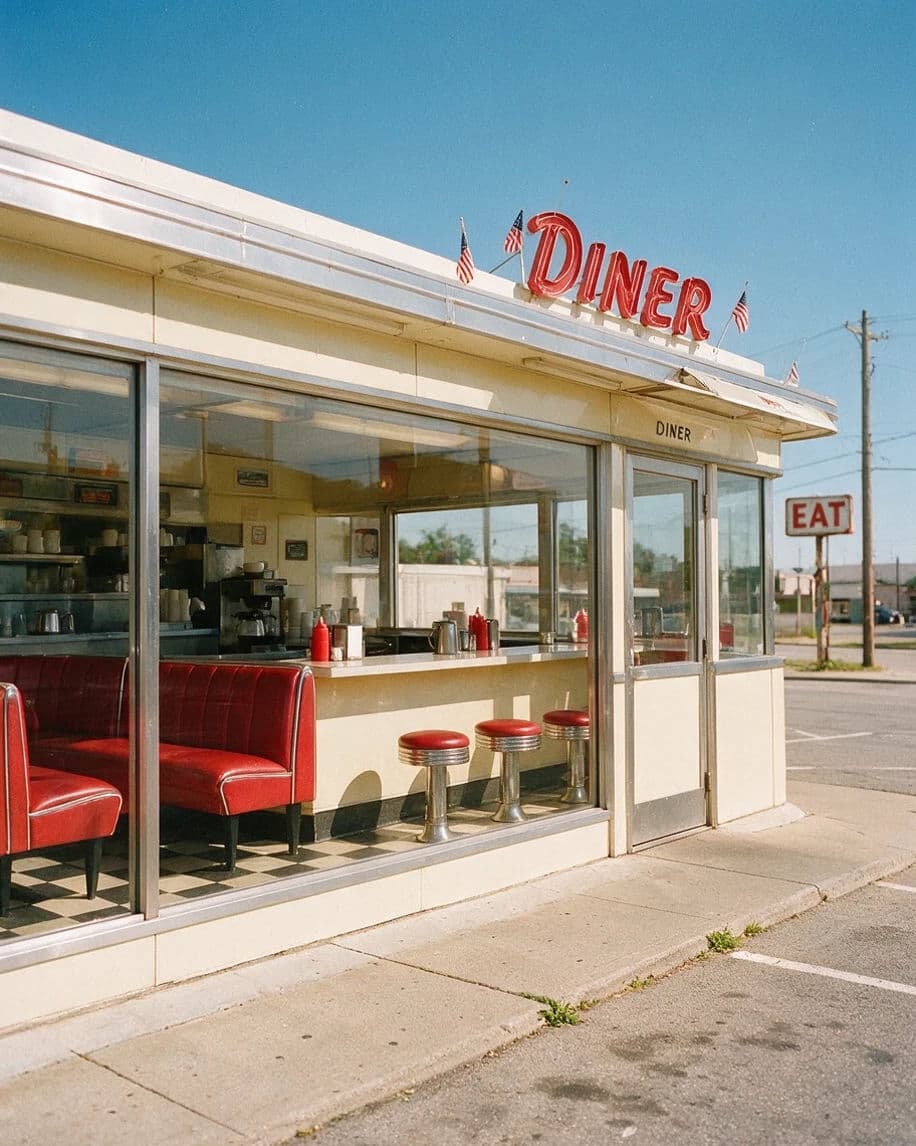 Vintage colour photograph of a roadside diner on dense saturated 1950s slide film, generated with Seedream 5.0 Pro