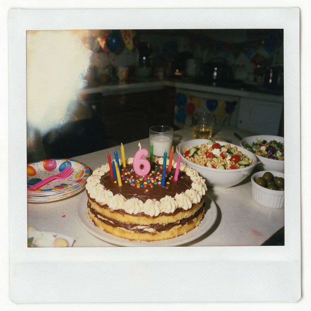 Vintage instant photograph of a kitchen table with an uneven chemical bloom in one corner, generated with Seedream 5.0 Pro
